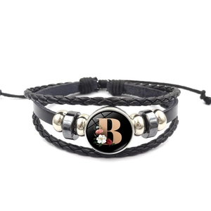 Gelaagde lederen armband met punk kralen en bloemengouden letter B bedel voor heren en dames
