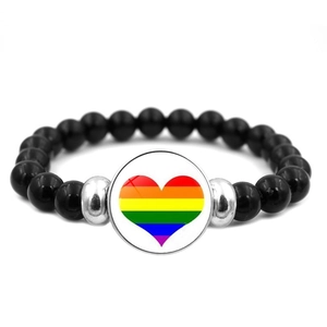Black beaded stretch bracelet with rainbow heart charm and silver accent beads