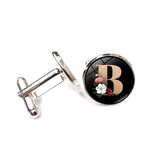 Silberne Manschettenknöpfe für Herren mit Blumen-Design und schwarzem Rundbuchstaben B