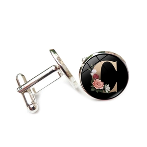Elegante silberne Manschettenknöpfe mit schwarzer Platte, Goldbuchstabe C und Blumenmuster