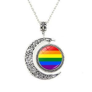 Collana con Ciondolo Luna Argento Vintage Arcobaleno LGBTQ Pride Vetro Cabochon Gioielli Boho per Uomo Donna
