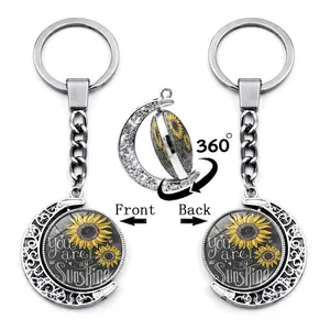 Rotating Crescent Moon Sunflower Keychain Alloy Glass Pendant Key Ring You Are My Sunshine Inspirational Gift For Women