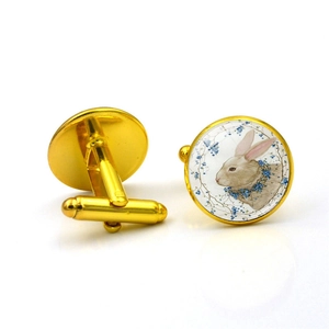 Golden French cufflinks with watercolor Easter bunny glass dome and toggle closure