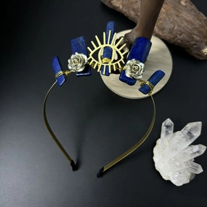 Bohemian gold crown headband with natural Lapis Lazuli stones and evil eye symbol