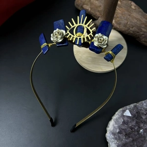 Lapis Lazuli crystal headband with golden evil eye and silver rose bridal hair crown
