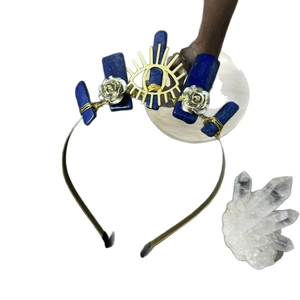 Lapis lazuli headband with evil eye sunburst and golden metal roses for women