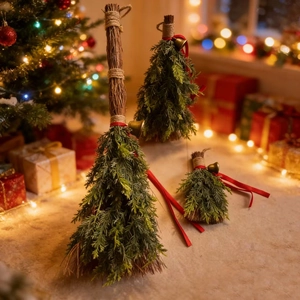 Three sizes of Christmas decorative brooms with red ribbons and golden bells