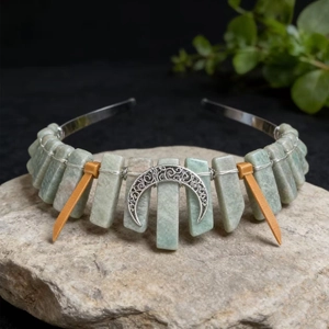 Bohemian crystal crown tiara with green raw stones and silver crescent moon on metal band