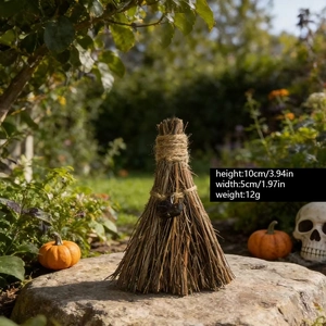 Miniature witch broom decoration with natural straw and black star charm for festive decor