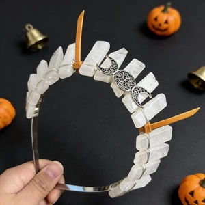 Handmade white crystal crown with silver moon symbol and orange devil horns for costume