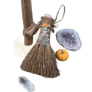 Mini Wicca witch broom with natural crystals and pentagram charm for altar decor