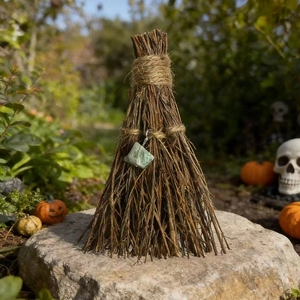 Close-up of a miniature witch broom with a green gemstone and rustic jute twine details