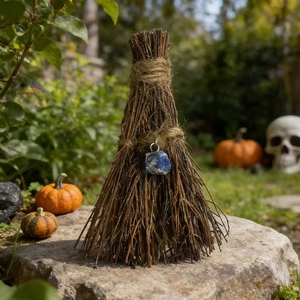 Close-up of a rustic witch broom decor with a blue raw gemstone and jute rope detailing