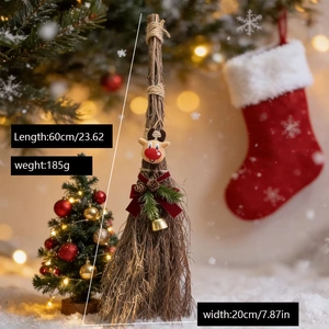 Handcrafted Christmas broom with reindeer doll and golden bells, 60cm holiday decoration