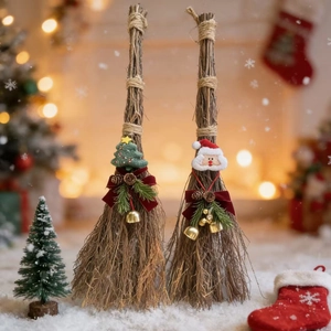 Christmas Broom Decoration Santa Bear Reindeer Ornament Natural Grass Handcrafted Holiday Home Party Desktop Decor