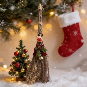 Close-up of decorative Christmas broom with reindeer doll and velvet bow on faux snow