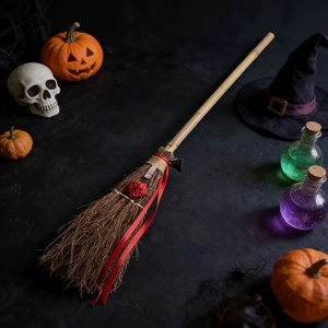 Balai de sorcière d'Halloween avec manche en bambou, fibres naturelles et décoration de fleurs