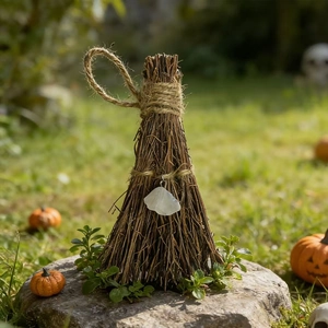 Detailed close-up of decorative witch broom with natural white crystal on rustic stone