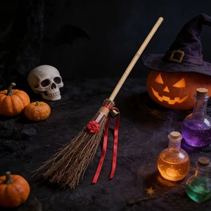 Balai de sorcière d'Halloween avec cristaux naturels et fleur rouge sur bureau sombre