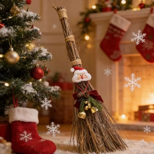 Detail of Christmas broom with Santa Claus plush, red bow, pine needles and gold bells