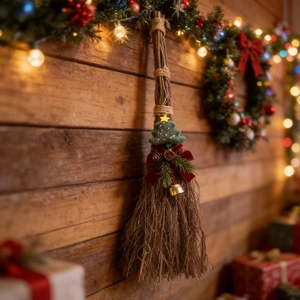 Detail of a Christmas decorative broom featuring a velvet bow, pine cone, and small gold bell