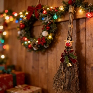 Detail of Christmas broom decor featuring reindeer charm, red bow, pine cones and bell