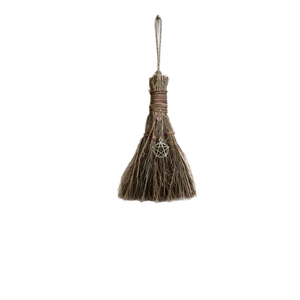 Handmade wooden witch broom with pink crystal pendant and silver pentagram star ornament