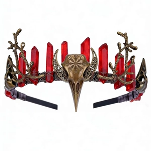 Gothic crown headband with bronze branches, bird skull, and red crystals in shaman style