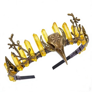 Handmade crown with bronze bird skull, yellow crystals and Nordic runes on metal headband