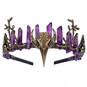 Gothic purple crystal crown headband with crow skull and branch accents for women