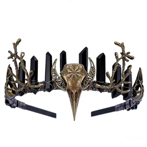 Handmade Gothic Viking Natural Crystal Crown Headband Bronze Bird Skull Branch Wicca Tiara Halloween Party Hair Accessories