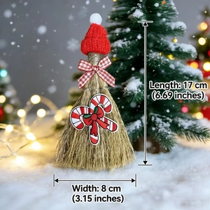 Christmas broom ornament with red hat and bow tie, measuring 17cm by 8cm for holiday decor