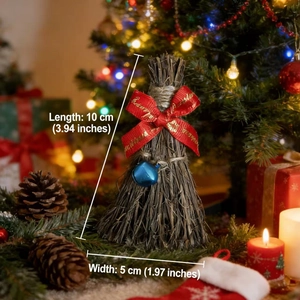Mini Christmas straw broom with red bow and blue bell ornament for festive decoration