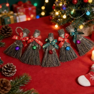 Natural Straw Christmas Broom Hanging Ornament With Satin Ribbon Bowknot Metal Bell For Holiday Home Tree Decoration