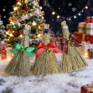 Handmade Christmas Mini Straw Broom Ornament With Silk Bow Golden Bell And Crystal Stone Festive Home Desktop Hanging Decoration