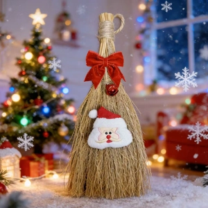Christmas theme decorative straw broom with Santa plush and red velvet bow for holiday decor