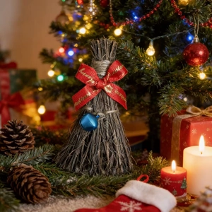 Detail of Christmas broom with red bow, blue bell and rustic twig texture in holiday setting