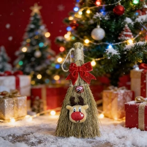 Close-up of decorative Christmas straw broom with red bow, pink bell and reindeer felt charm