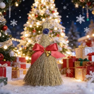 Close-up of decorative Christmas straw broom with red bow, gold bell and blue bead