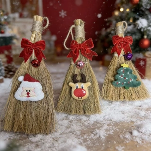Christmas Mini Straw Broom Ornament With Red Satin Bow Bell Santa Reindeer Tree For Xmas Holiday Party Home Decoration