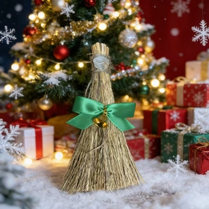 Handmade straw Christmas broom with green bow, gold bell, and crystal decoration