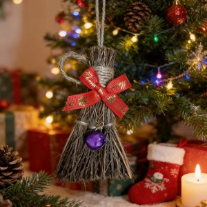Close-up of Christmas broom with red Merry Christmas bow and purple bell in a cozy setting