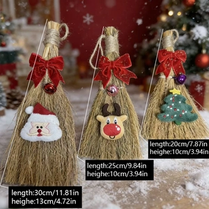 Set of 3 decorative Christmas brooms with Santa and reindeer embroidery and red bows