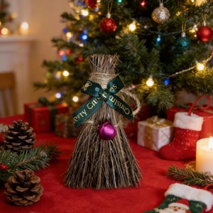 Detail of Christmas decorative broom with Merry Christmas ribbon and metallic bell