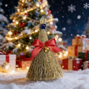 Detail of miniature straw broom decoration with red bow and gold bell for Christmas