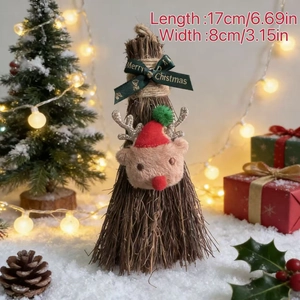 Christmas decorative broom ornament with reindeer head and Merry Christmas ribbon decoration