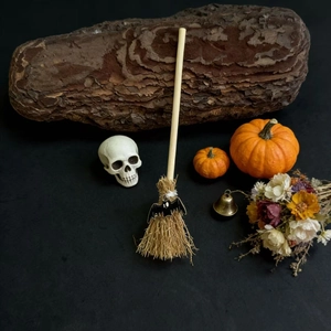 Mini wooden witch broom decorative ornament with bat charm for Halloween decor