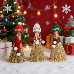 Three-piece Christmas mini broom set with colorful knitted hats and festive Love embroidery