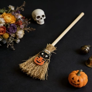 Miniature wooden witch broom with black cat and pumpkin badge for Halloween decor