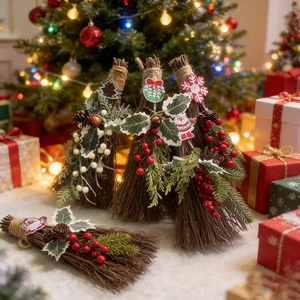 Detail of Christmas broom set with pine cones, berries, and felt Santa decorations